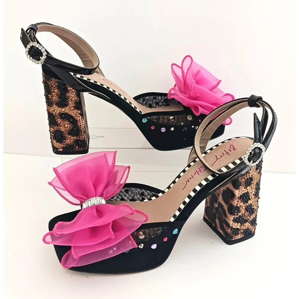 NEW Betsey Johnson Palloma Platform Sandal Bead Leopard Heel Pink Tulle Bow Sz 6